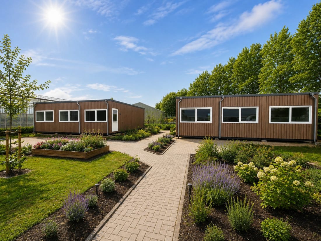 Gekochte woonunits bij aardbeikweker op eigen grond.