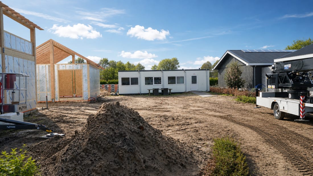 Tijdelijke woonunit op bouwplaats van nieuwe huis