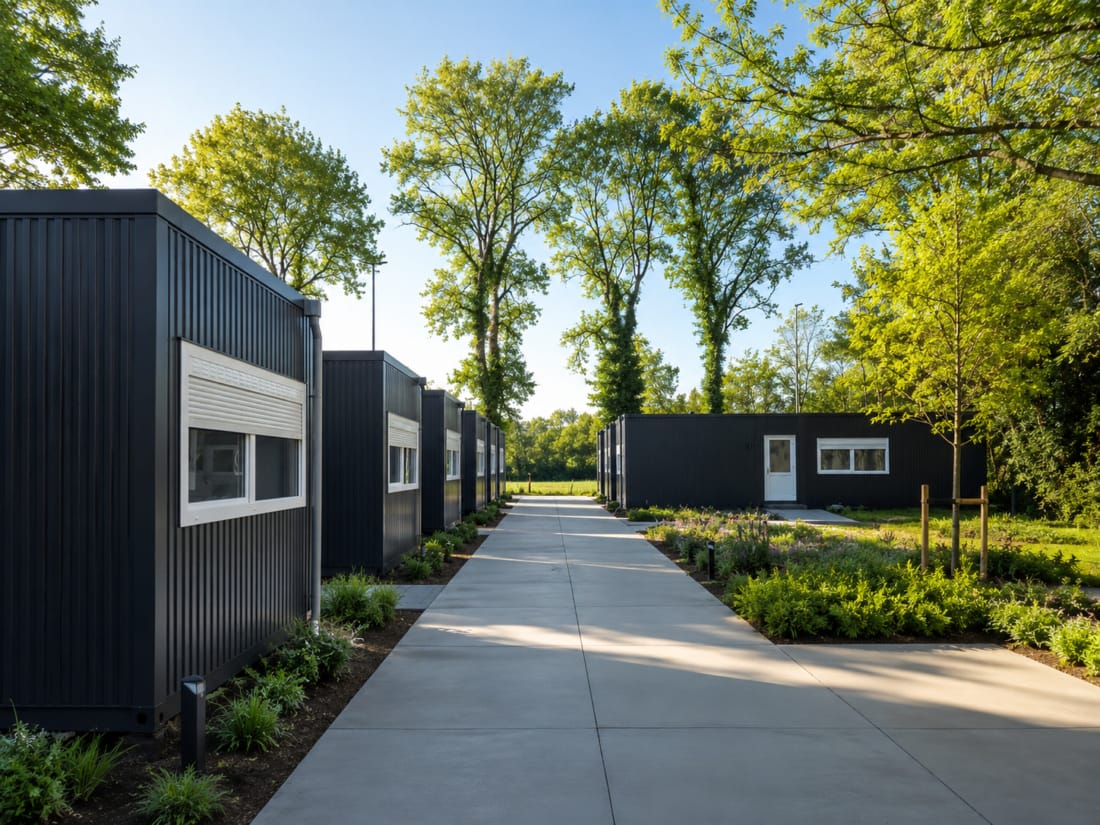 Tijdelijke woningen voor opvang vluchtelingen.