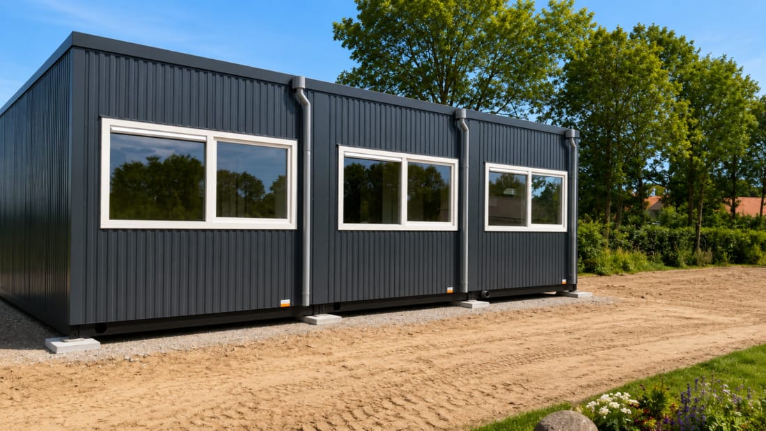 Antracietgrijze woonunit voor tijdelijke woonruime.