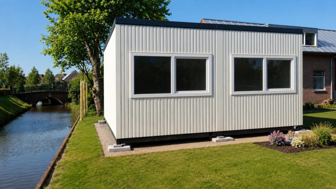 Witte woonunit voor personeelshuisvesting te huur, geplaatst aan het water met gras en een aangelegde tuin.