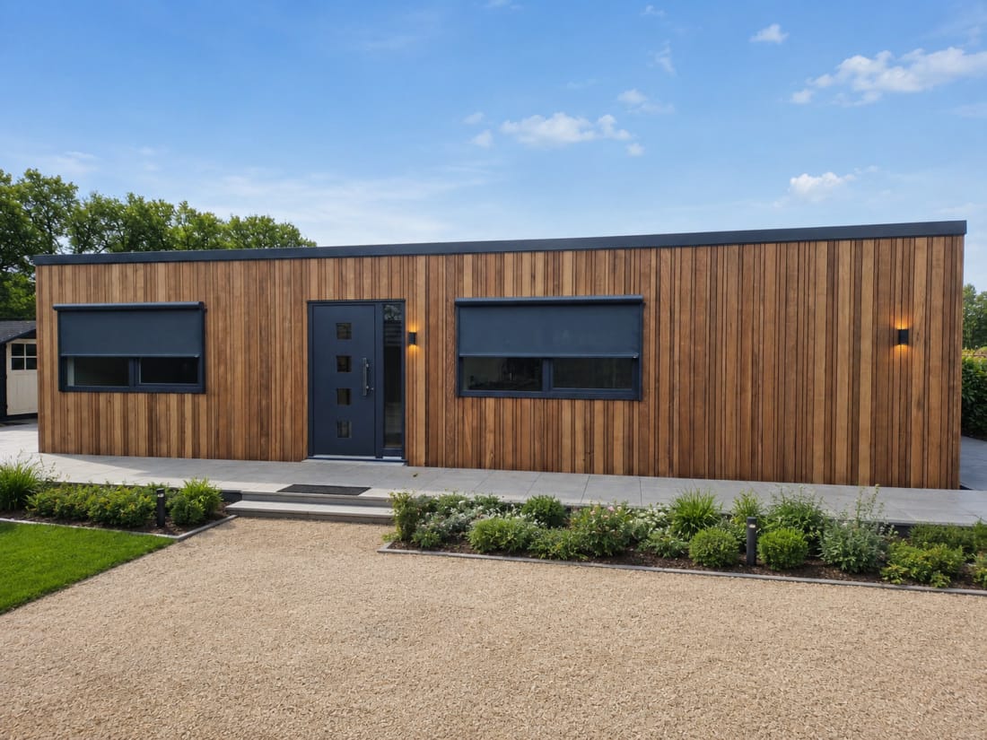 Luxe mantelzorgwoning op maat met houtlook en luxe afwerking op verharde ondergrond.