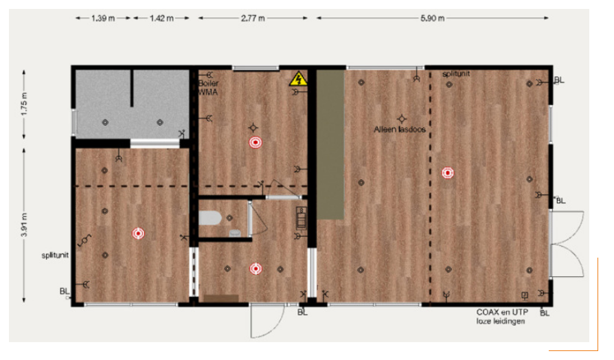 Plattegrond van luxe mantelzorgwoning met houten gevelafwerking.