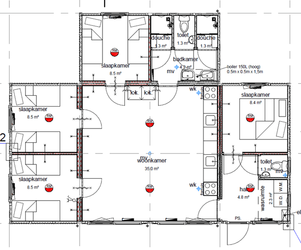 Plattegrond van personeelshuisvesting project met ontspanningsruimte.
