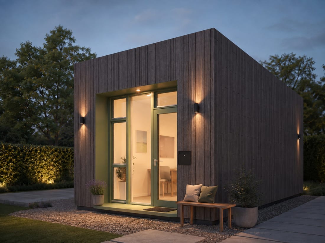Luxe Tiny House in de avond met spotlight en mooie verlichting