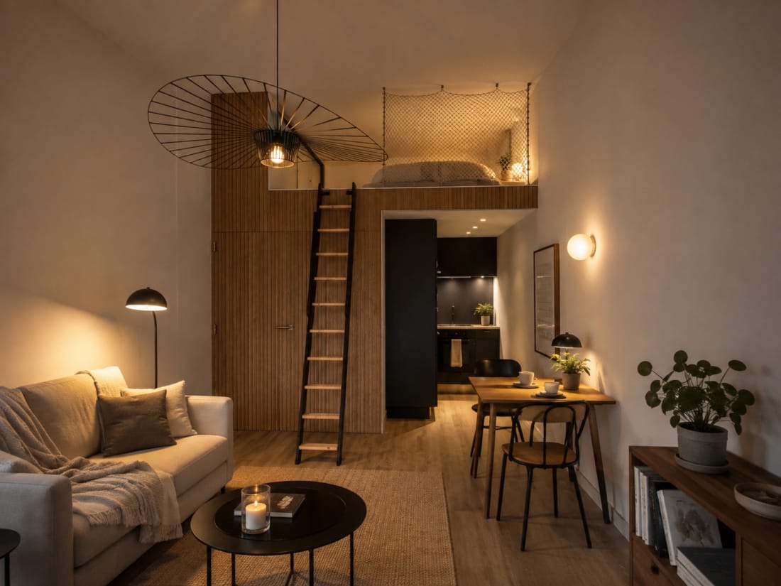 Luxe interieur van Tiny House in de avond met verlichting.