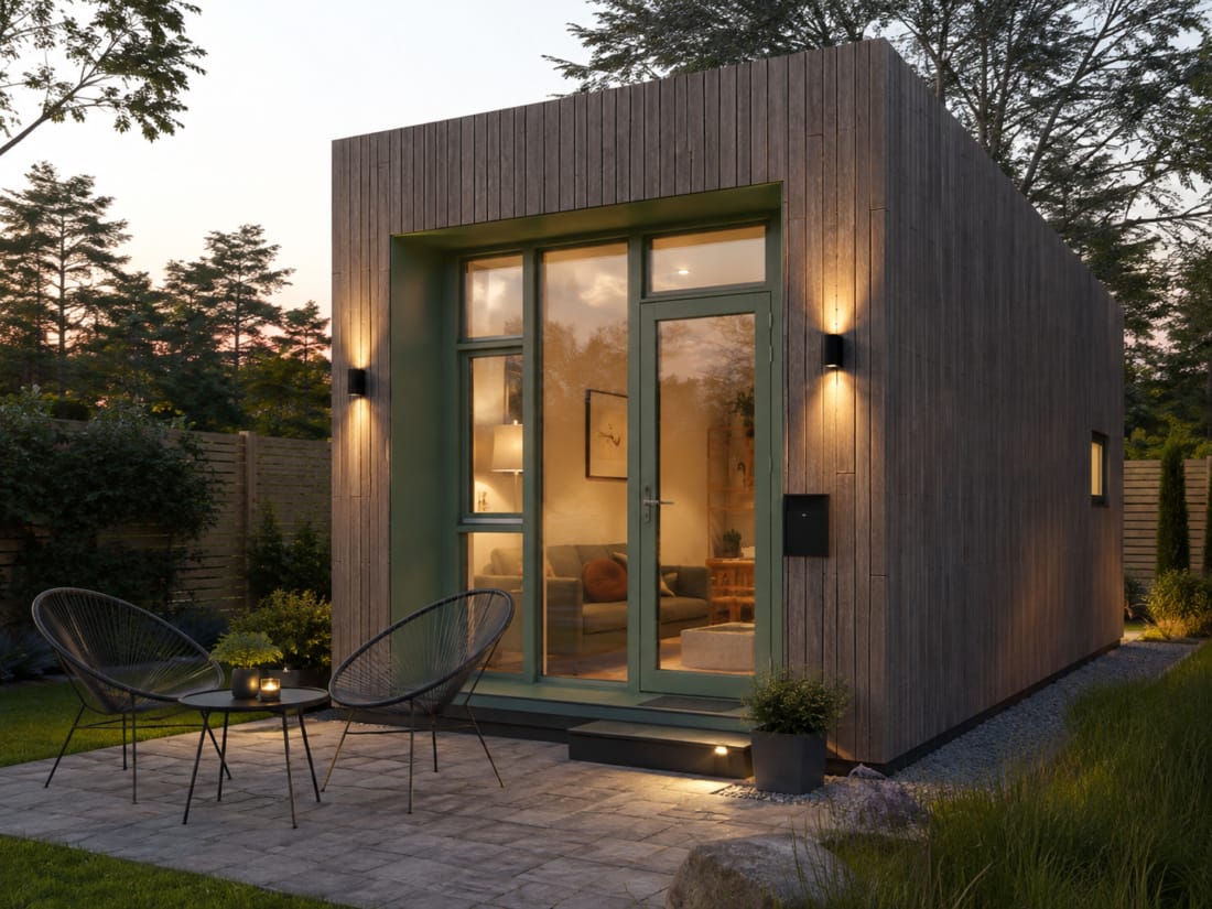 Tiny House op eigen terrein met spotjes en luxe houten afwerking