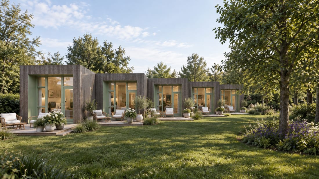 Tiny Houses naast elkaar geschakeld geplaatst