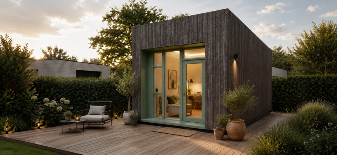 Luxe Tiny House in achtertuin met mooie verlichting in de avond.