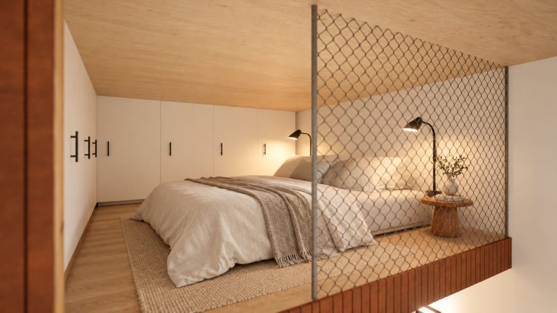 Slaapruimte in Tiny House met veel opbergruimte.