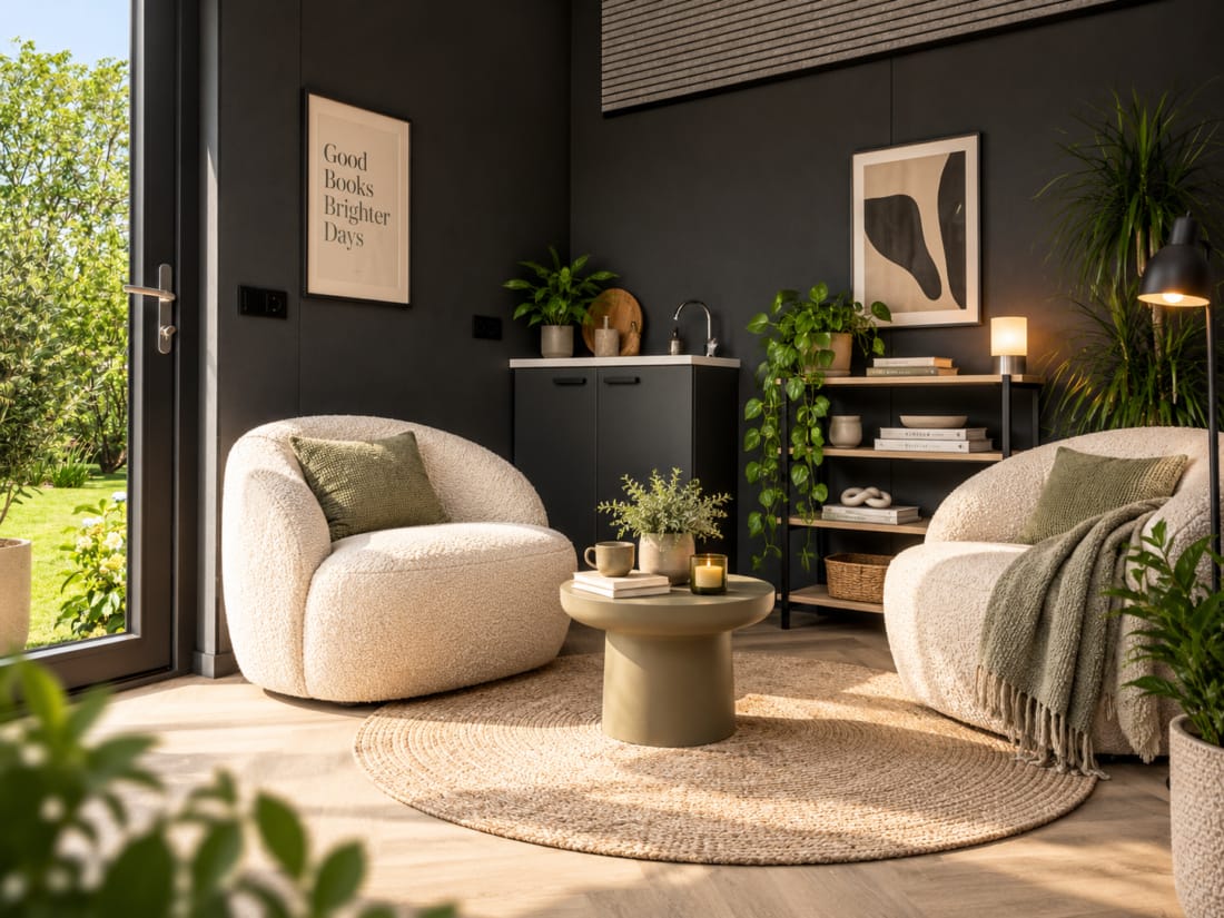 Japandie inspiratie interieur voor tuinkamer om te ontspannen, met banken en zitzakken.