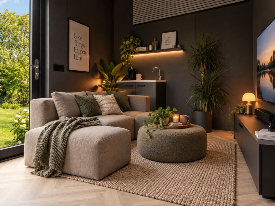 Cozy indeling van een tuinkamer met een zachte bank, kasten en televisie.