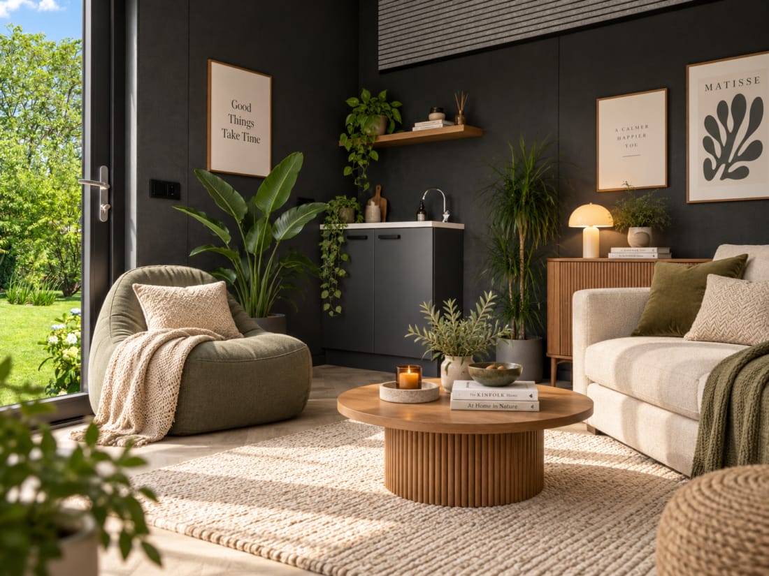 Cozy en rustige indeling en luxe interieur van een tuinkamer.