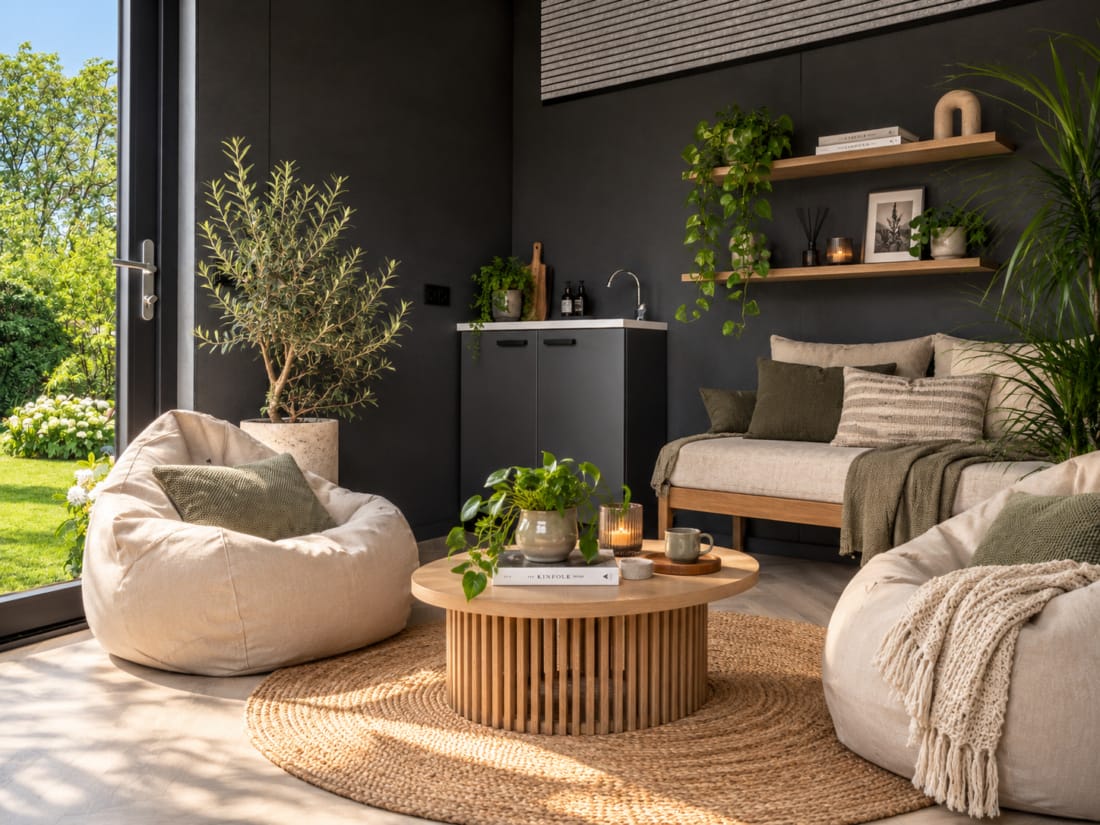 Mooie en gezellige interieur en indeling van een tuinkamer