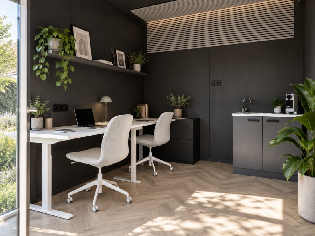 Mooie en luxe interieur van een tuinkantoor.
