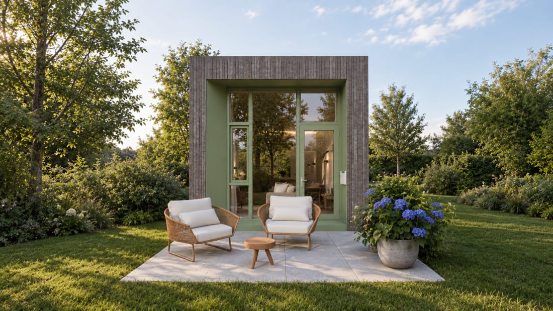 Tiny House op grasveld.